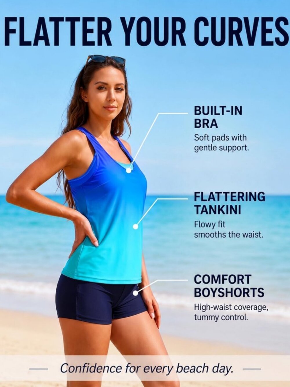Stylish 3-Piece Tankini Swimsuit Set with Tummy Control & Boy Shorts for Women - Picture 3 of 7